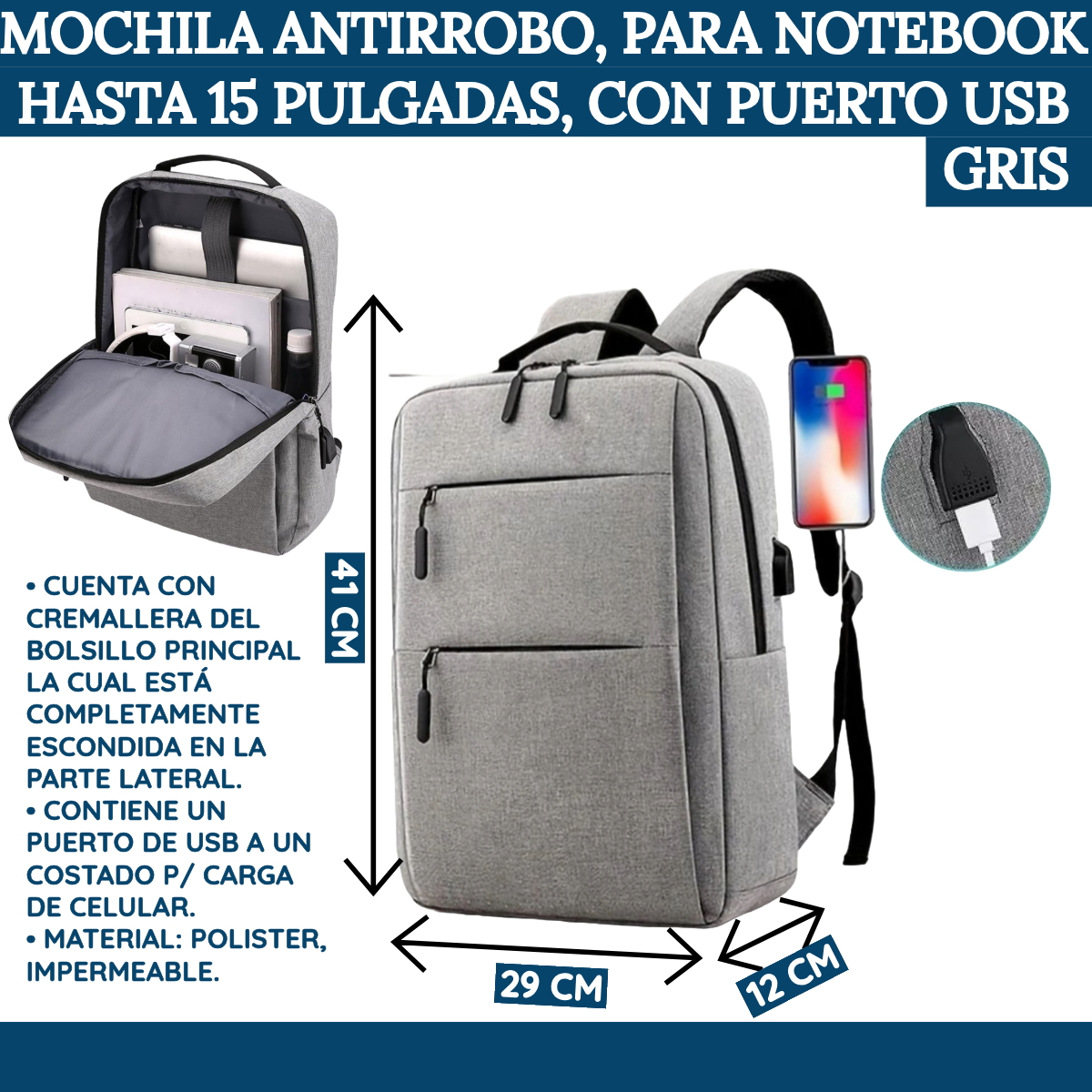 Bolso Mochila Antirrobo Conector Usb